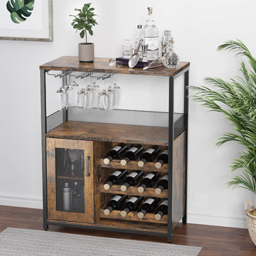 Wine Bar Cabinet with Detachable Wine Rack and Storage Space | 3-Tier Buffet Cabinet with Glass Holder and Mesh Door