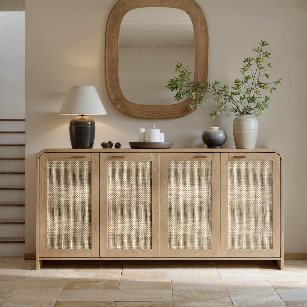 67" Rattan Sideboard Buffet Cabinet with Storage, Natural Oak