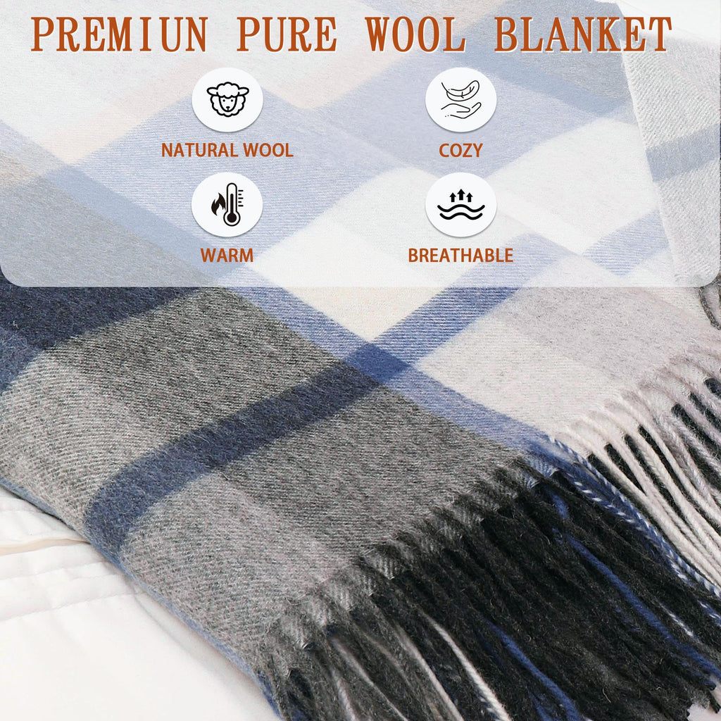 Soft Lightweight 100% Wool Blue Throw Blanket, Fringed, 55"x83"