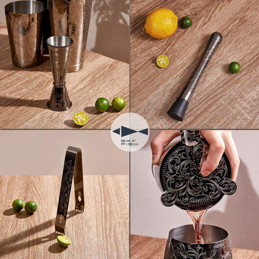 Bartender Kit Cocktail Shaker Set- Stainless Steel Black Plated Etching Bar Tools with Boston Shaker - Set of 7