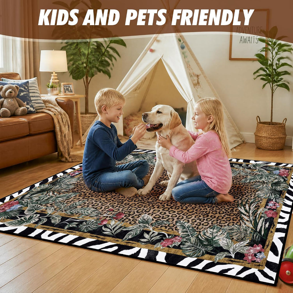 Leopard Area Rugs, Washable Cheetah Rug with Zebra-Striped Border, Non-Slip Low Pile Animal Print Carpet