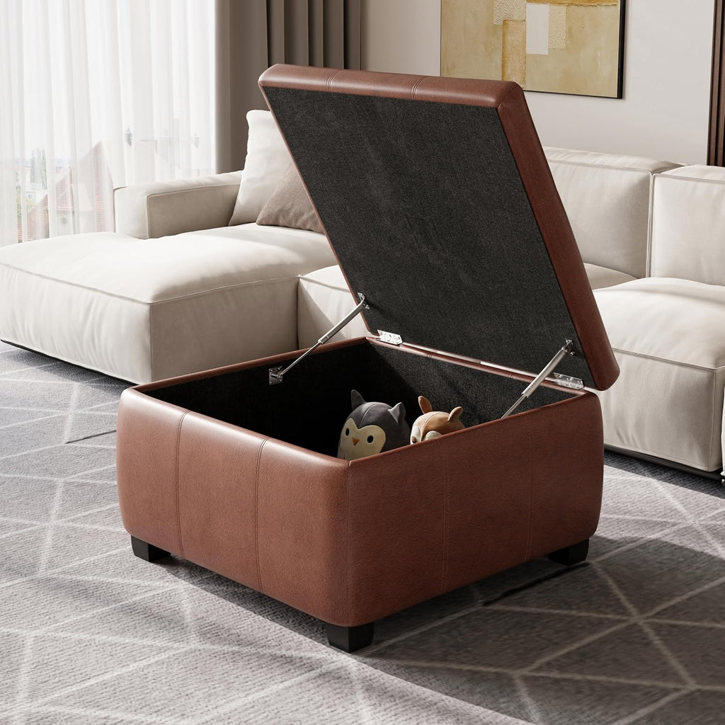 Anivia Faux Leather Square Storage Ottoman Coffee Table, Wooden Ottoman with Storage, Entryway Modern Square