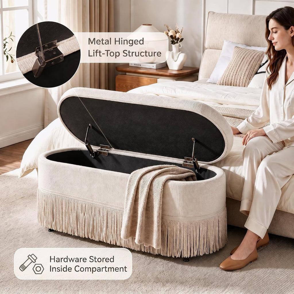 End of Bed Storage Bench, Oval Chenille Fringe Ottoman | 39"L × 16"D × 16"H, 350 lbs Capacity, Twist-On Metal Legs