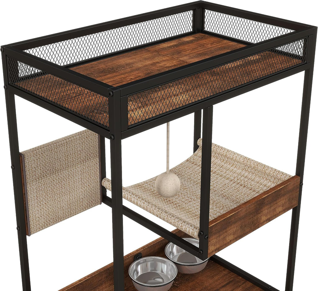 Cat Litter Box Enclosure Furniture with Cat Tree Tower, Kitty Litter Box Hidden Cabinet with Shelves Scratching Pad