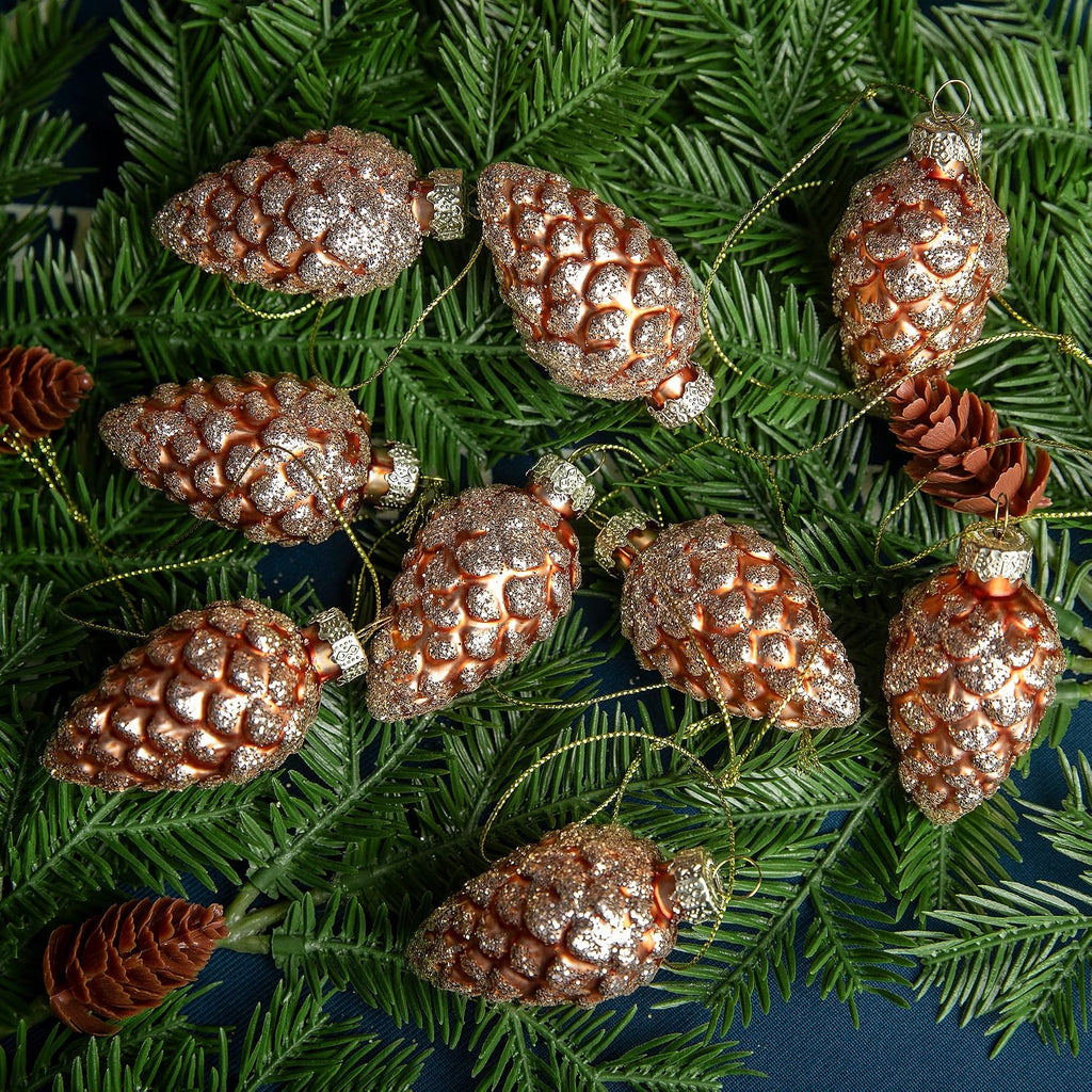 Christmas Pinecone Glass Hanging Ornaments, Xmas Tree Pinecone Decor - Set of 12