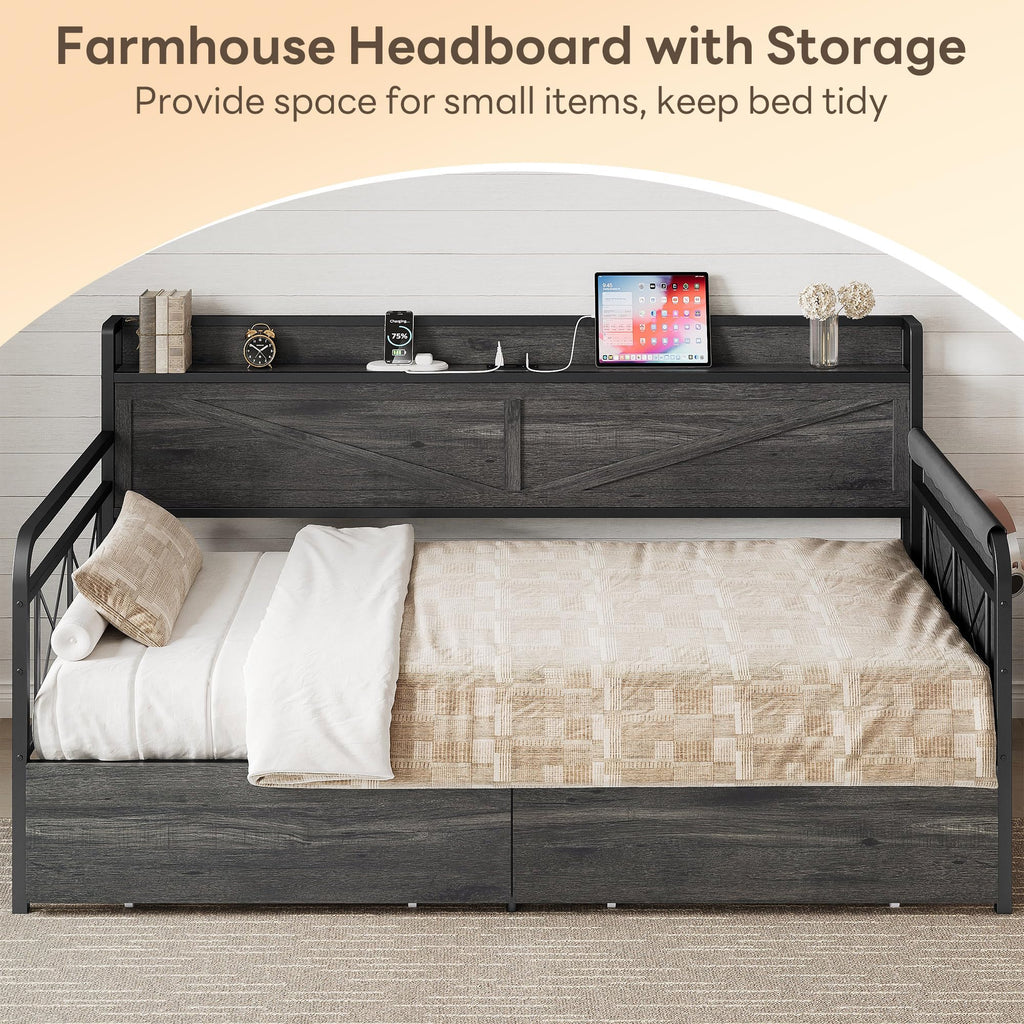 Twin Daybed with Farmhouse Storage Headboard