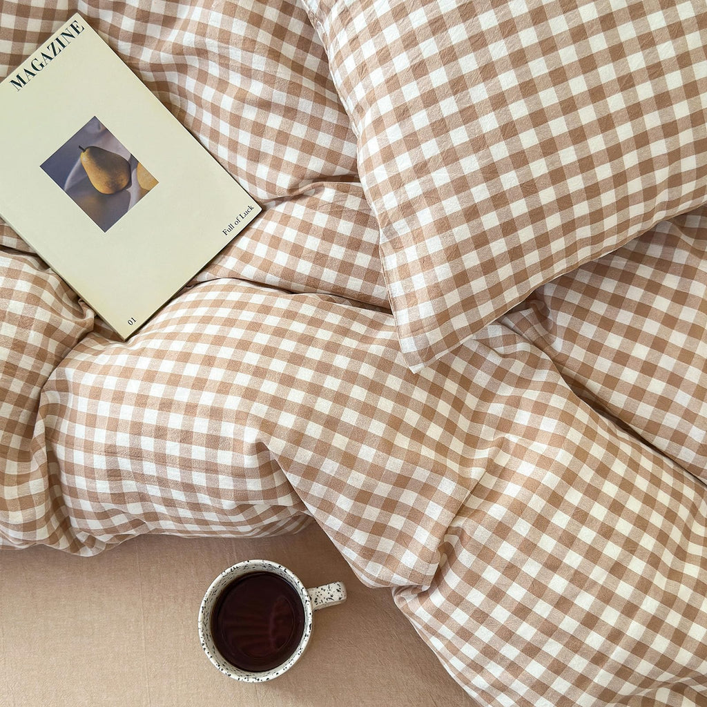 Tan Gingham Pillowcases Set Farmhouse Standard Size Pillow Shams Buffalo Taupe Plaid Pillowcases Set of 2, Grid