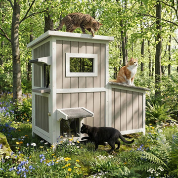 Outdoor Cat House for 2-3 Cats, 2-Story Weatherproof Wooden Cat Shelter with Feeding Station, Openable Asphalt Roof
