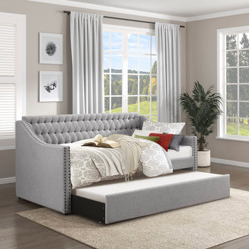 Twin Daybed with Trundle, Button Tufted, Nailhead Trim, Fabric, Gray