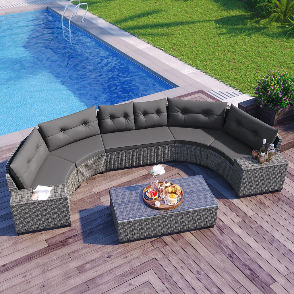 Half-Moon Curved Outdoor Sectional Sofa and Side Table, Wicker Rattan Patio Coversation Set 8 Piece, Gray