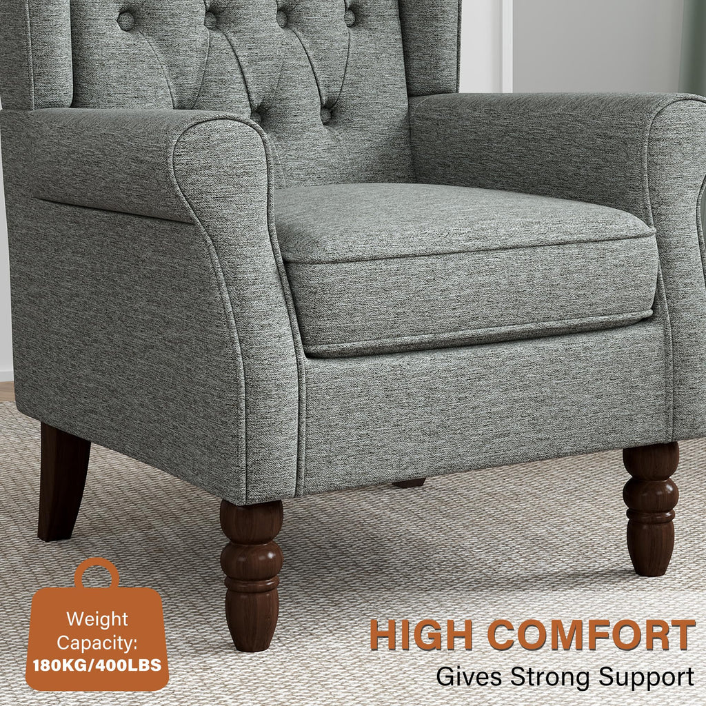 High Back Accent Chairs Set of 2, Button-Tufted Wingback Chair, Grey