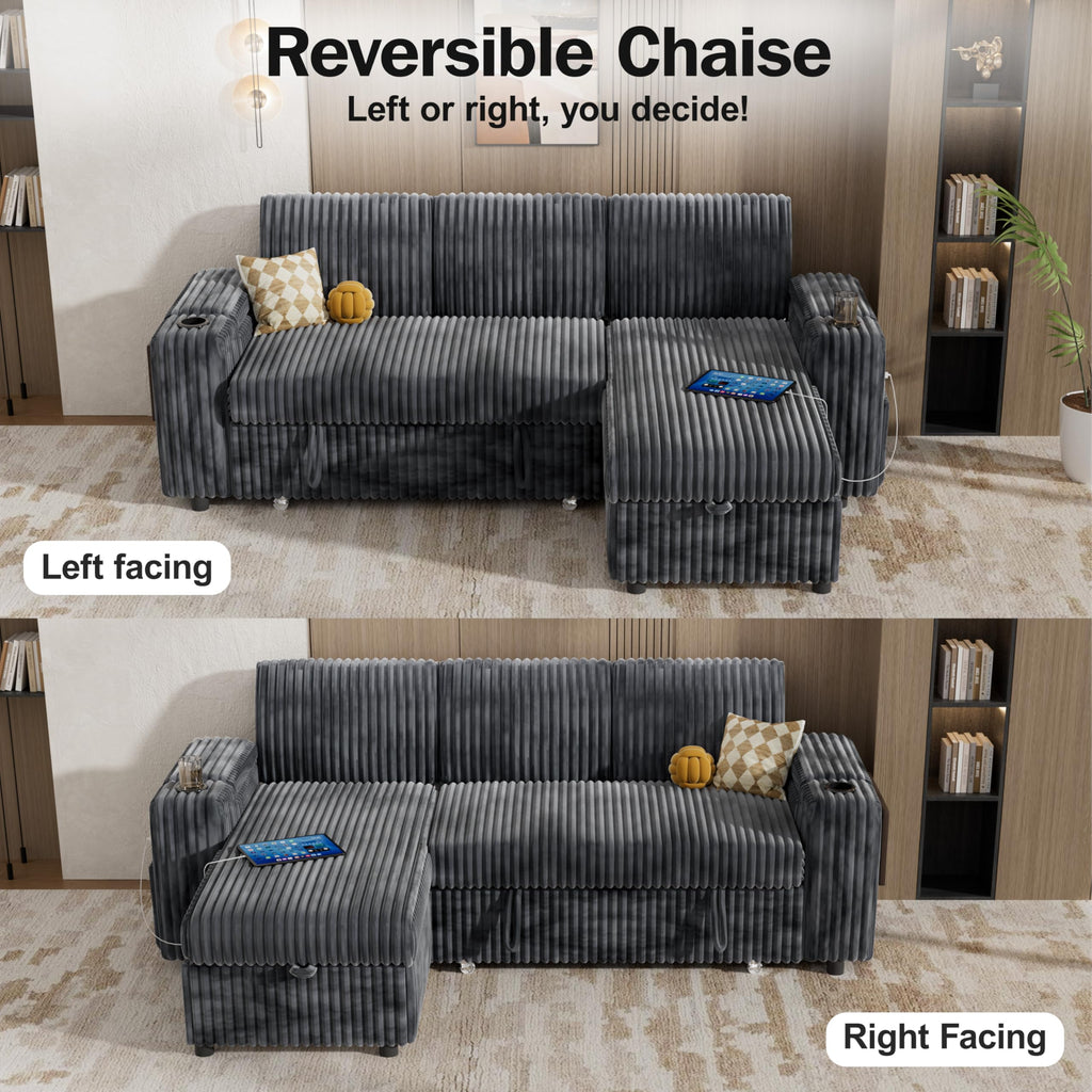 86" Modular Sectional Sleeper Sofa with Pull Out Bed, 3 Seat Plush Corduroy L Shaped Couch with Storage Chaise|USB