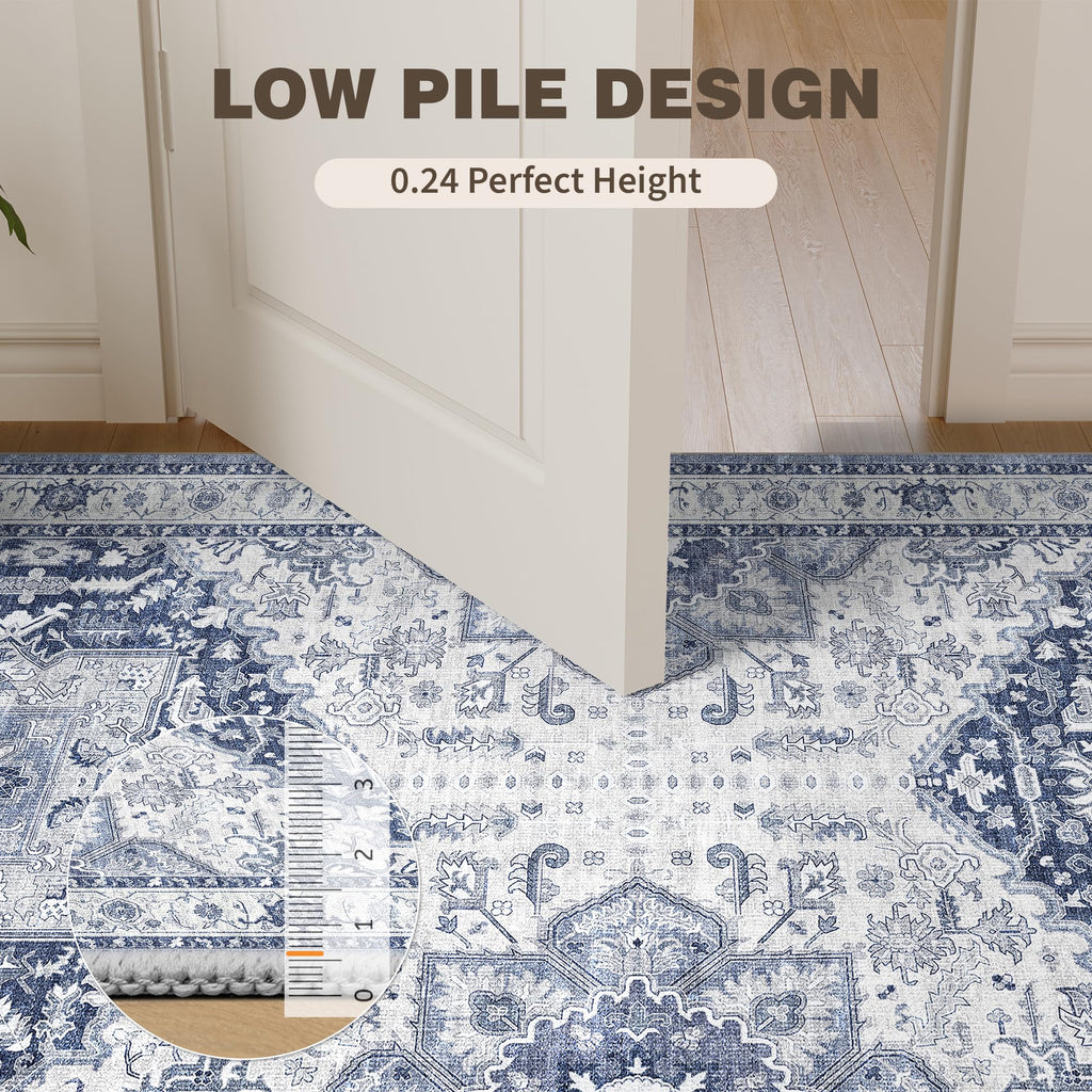 Washable 2.6x16 Runner Rug, Non Slip Long Hallway Runner Navy/Blue