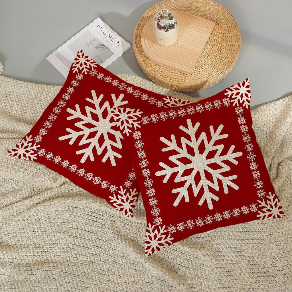 Christmas Pillow Covers - 20x20 Winter Snowflake Pillowcases - Red Throw Pillows - Farmhouse Holiday Linen - Set of 2