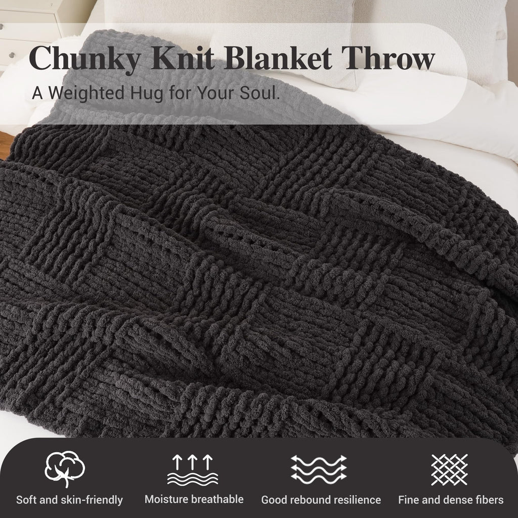 Chunky Knit Throw Blanket for Couch, 50"x60", Charcoal
