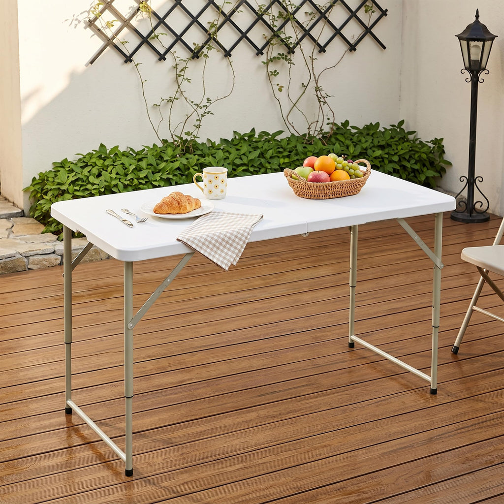 Folding Table 4 Ft, 3 Adjustable Height, Portable w/Handle, White