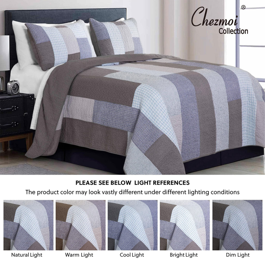 Sora 3-Piece Plaid Checkered Grid Patchwork Stripe Quilt Set - Soft Lightweight 100% Washed Cotton Bedspread for All
