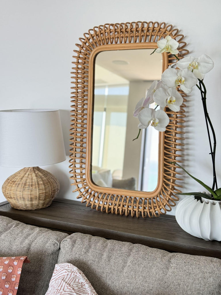 Rattan Coiled Rectangular Wall Mirror, Farmhouse Decor, Natural Brown