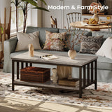 Coffee Table with Slatted Sides Frame, Modern Farmhouse Living Room Table with 2-Tier Storage Shelf, 39 ...