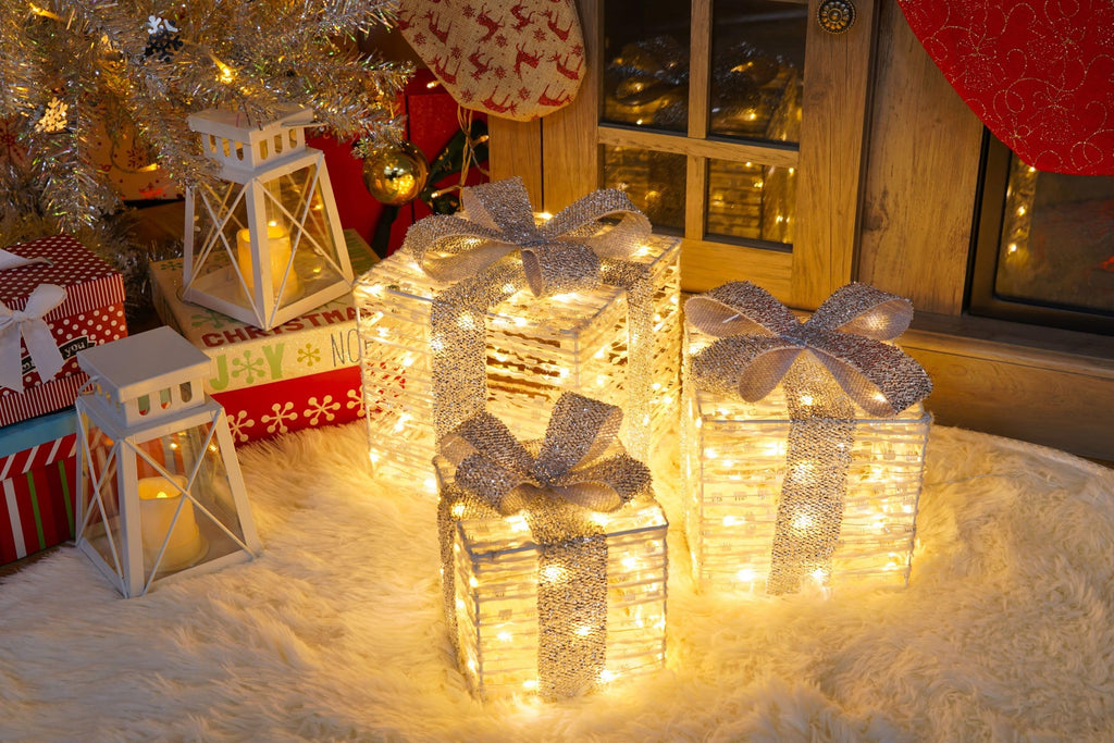 Set of 3 Christmas Lighted Gift Boxes, Plug-in 140 LED Light Up Present Boxes for Christmas Decorations Indoor Home