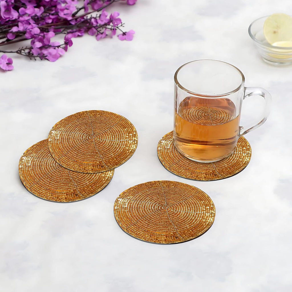 Beaded Farmhouse Coasters - 4" Round Boho Drink Coasters, Absorbent Table Décor for Bar, Parties, Fall, Gold - Set of 4