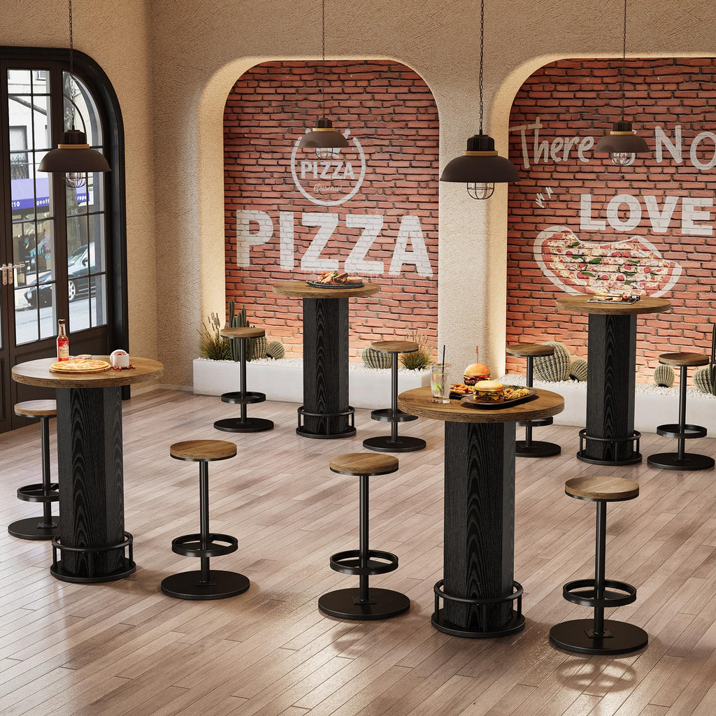Round Bar Table with Chairs Set of 2, Industrial Bistro Sets with 2 barstools, Pub Cocktail Table with Metal Ring