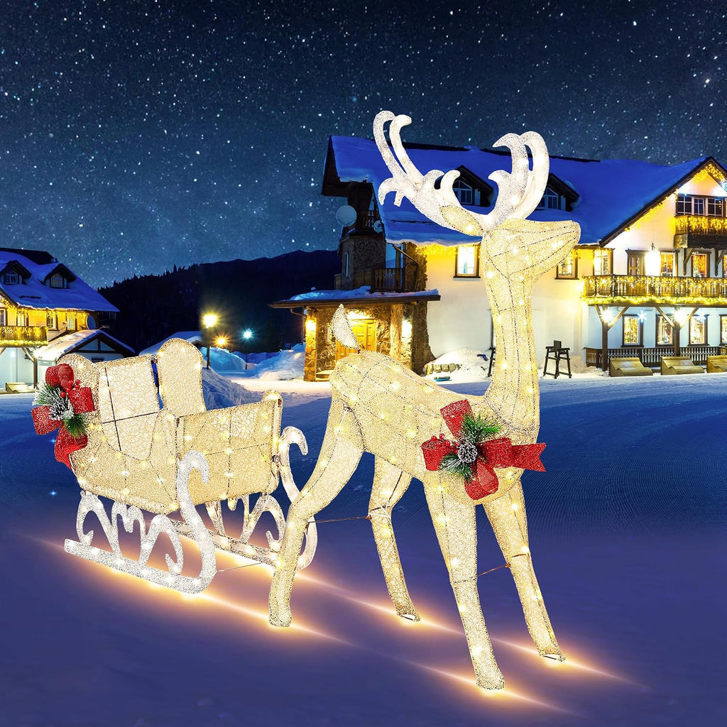 4FT Lighted Christmas Reindeer & Sleigh Outdoor Yard Decoration Set W/ 205 LED Lights & 8 Ground Stakes, Zip Ties
