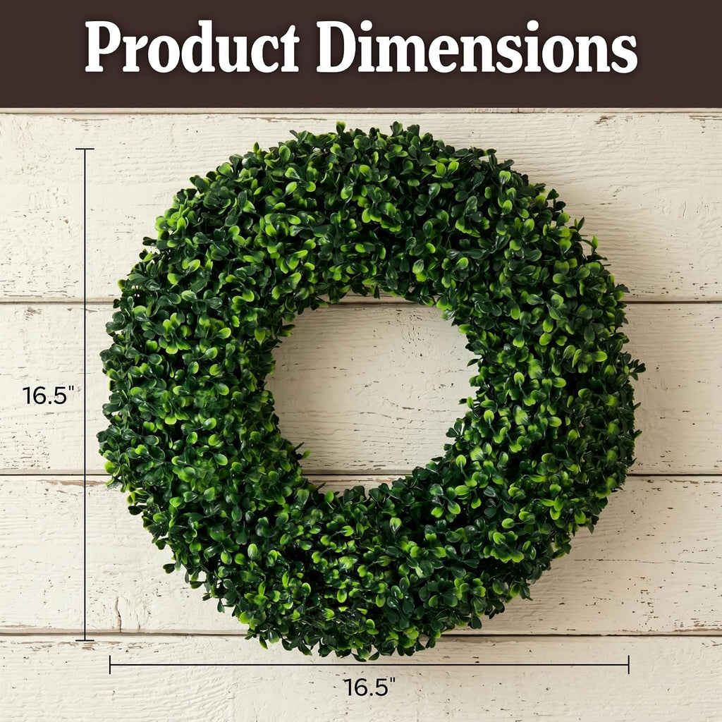 Round Boxwood Wreath for Front Door, Green, 16.5"