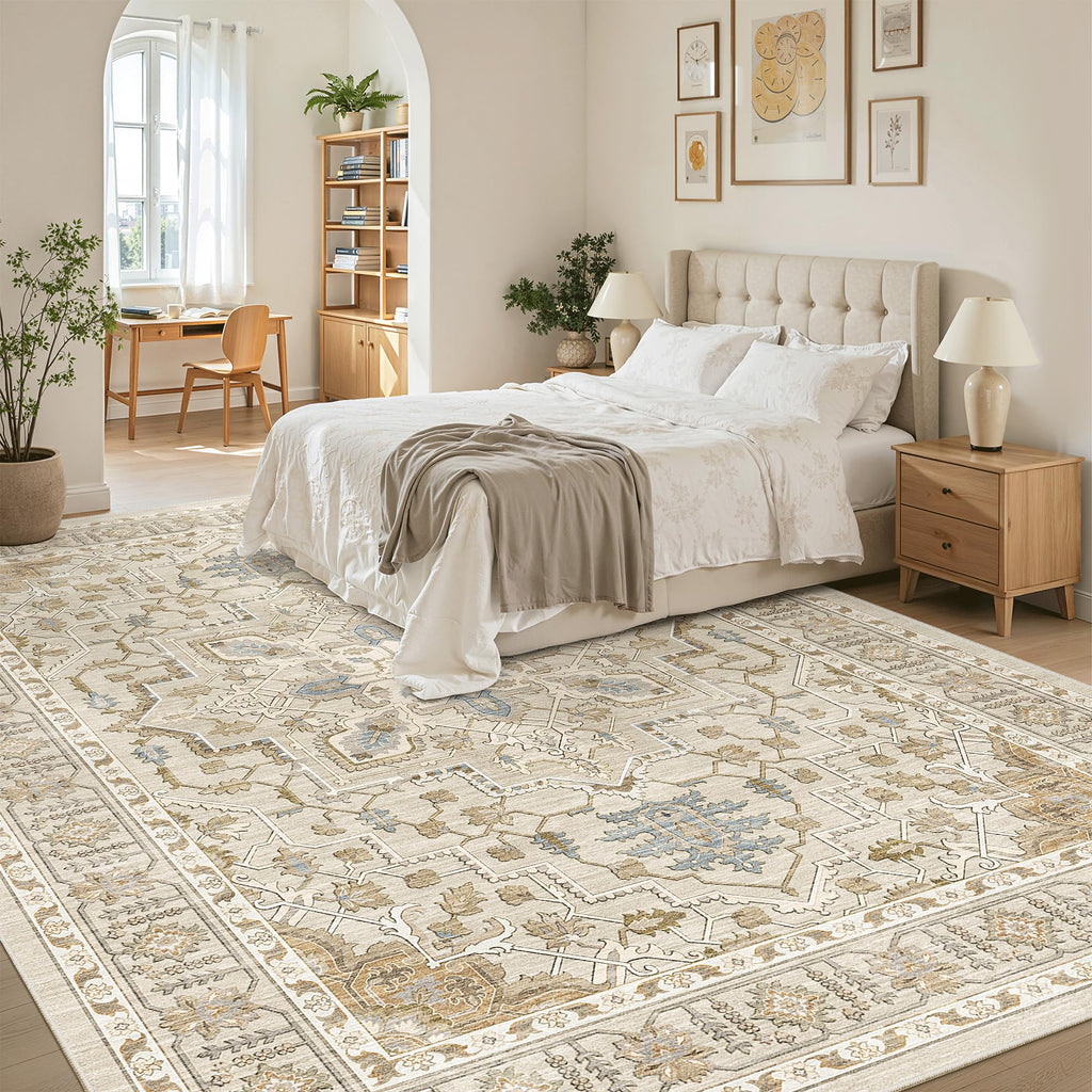 8x10 Area Rugs, Non-Slip Washable Rug, Beige/Blue