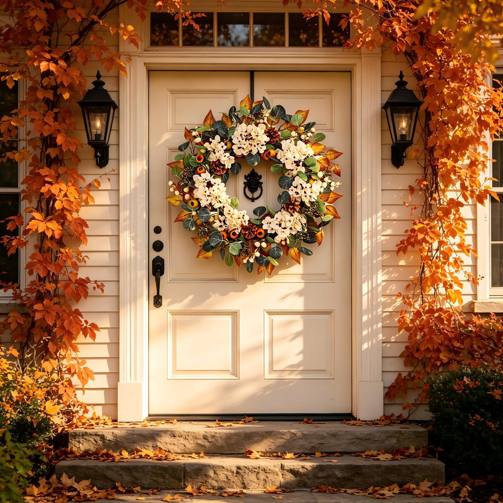 22 Inch Fall Hydrangea Wreaths for Front Door, Artificial Autumn Wreath with White Hydrangea, Eucalyptus, Berries