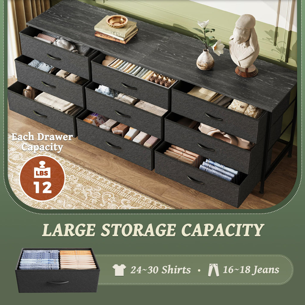 63 Inch Dresser, Dresser for Closet with 9 Fabric Drawers, Large TV Stand for 55, 65, 70 Inch TV, Entertainment