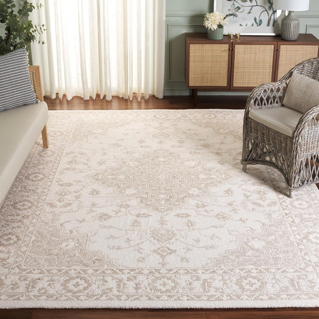 Area Rug 8x10 - Metro - Large - Beige & Ivory, Handmade Wool, Oriental Medallion Design
