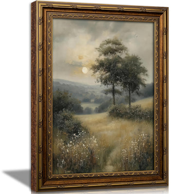 Vintage Gold Framed Sunset Scenery Wall Art Rustic Cottagecore Landscape Wall Decor Muted Country Nature Painting