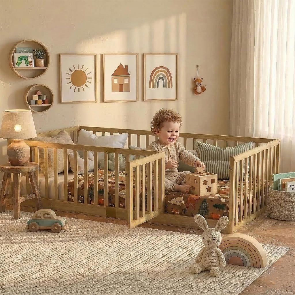 Twin Montessori Floor Bed Frame with High Rails and Door, Wood Twin Floor Bed with Slats, Low Profile Kids Bed Frame