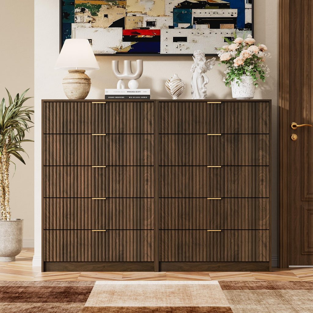 Walnut 5 Drawer Dresser, 47.2" Tall Fluted Wood Dresser