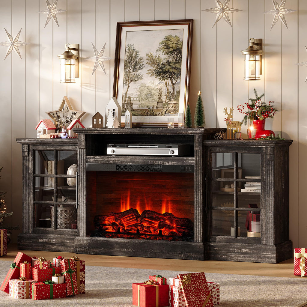 70" Farmhouse TV Stand with 28" Fireplace, Rustic Black