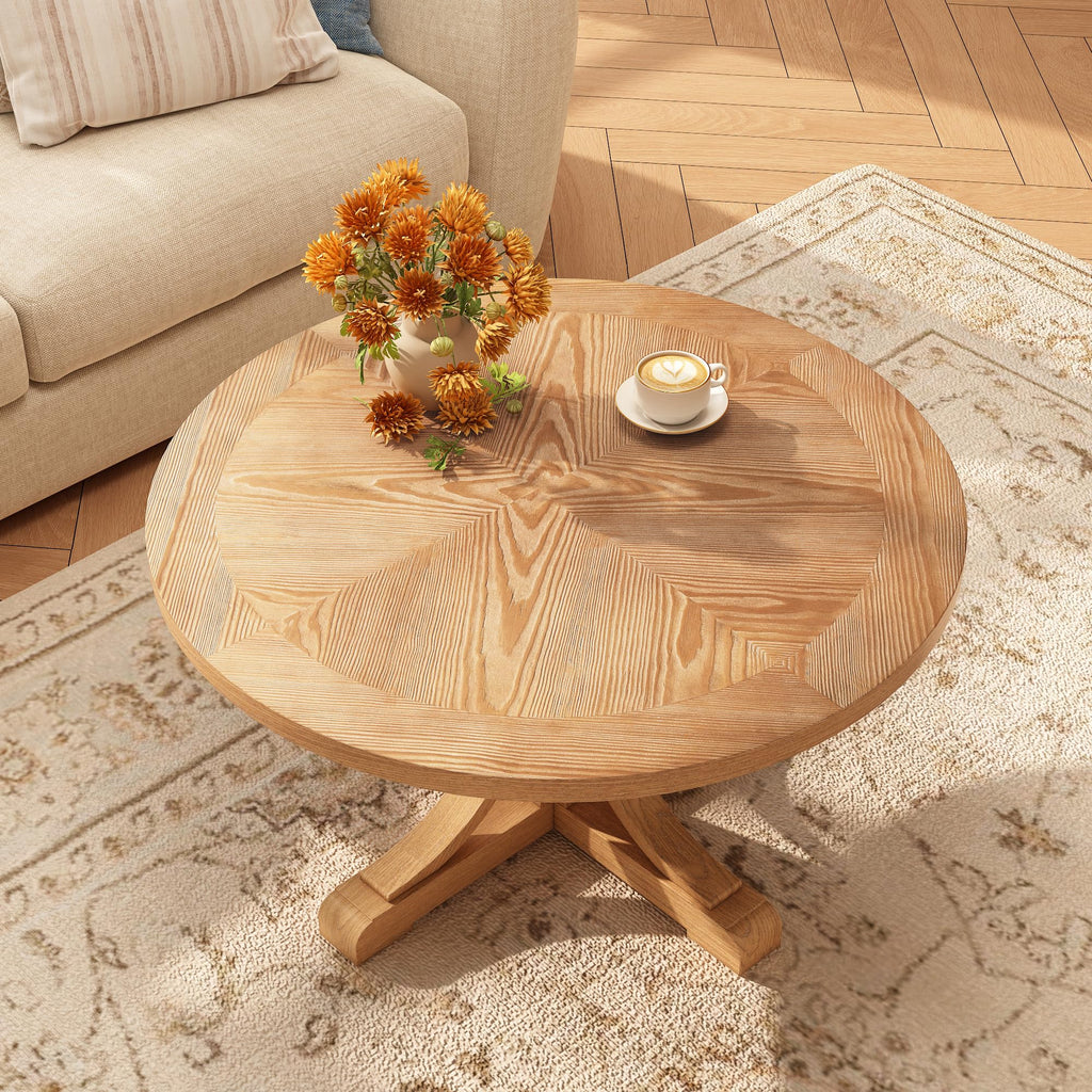 33.5"D Round Wood Coffee Table with Pedestal Base, Splicing Top