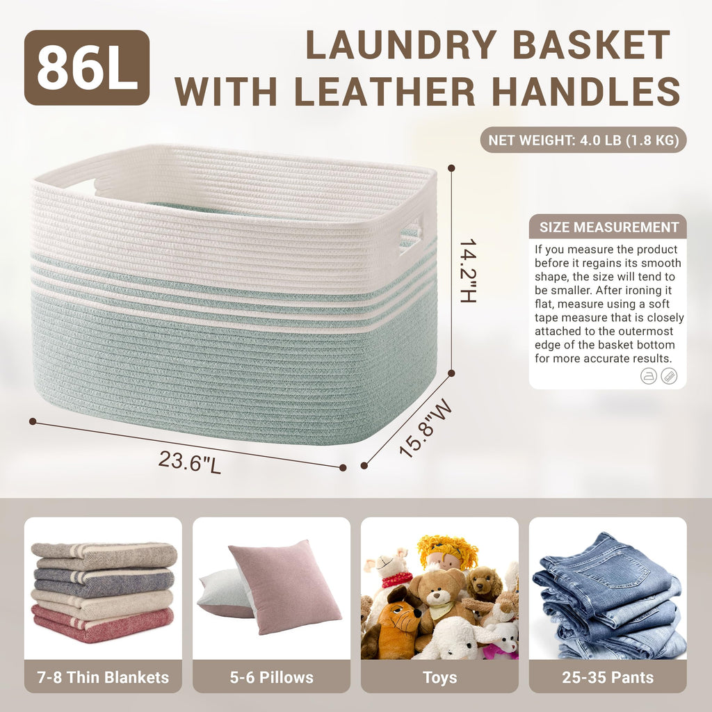 86L Large Woven Laundry Basket Hamper with Handles, Green