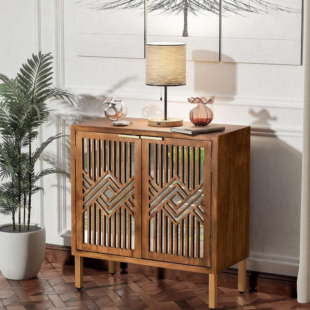 2 Door Accent Cabinet, Wood Sideboard Storage Furniture with Modern Geometric Mirror Front, Freestanding Home and