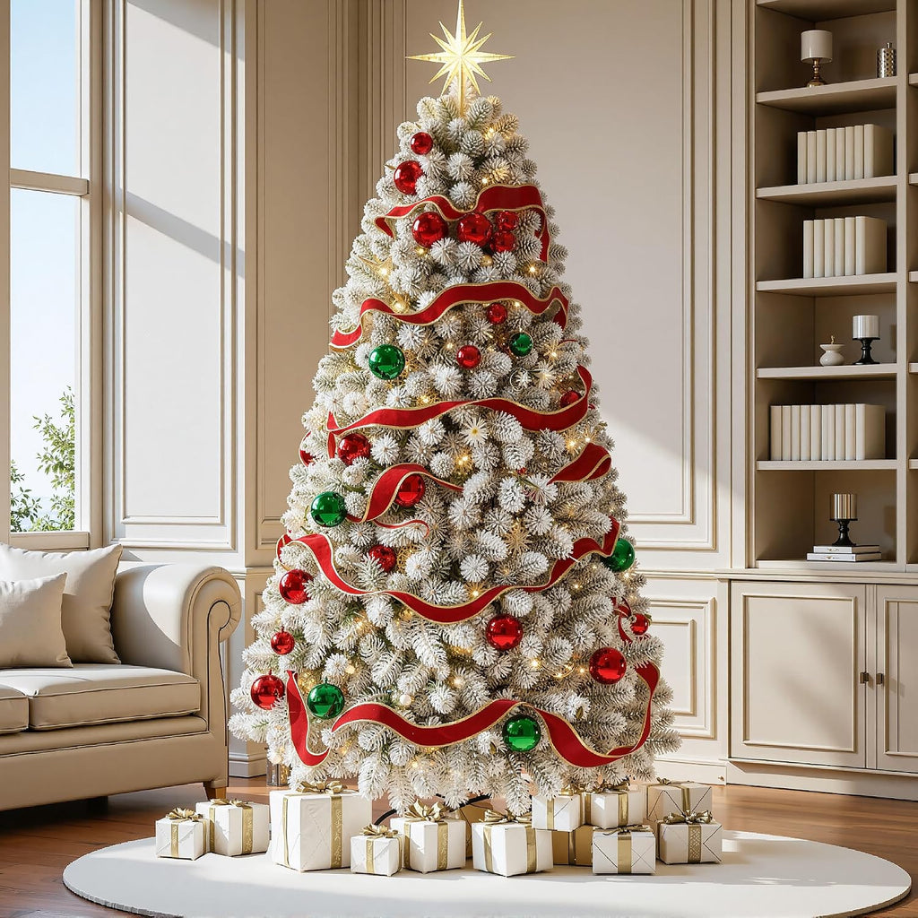 7.5 FT Pre-lit Snow Flocked Christmas Tree, Artificial Spruce Christmas Tree 1100 PVC Branch Tips 350 Warm White