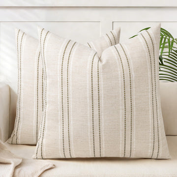 24x24 Decorative Farmhouse Linen Blend Throw Pillow Covers, Boho Textured Pillow Case, Set of 2, Beige with White &