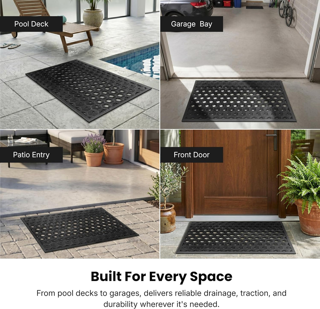 Subhera Collection Heavy Duty Rubber Door Mat 25"×39" Non-Slip Drainage with Dirt Scraper | Outside Doormat for Front