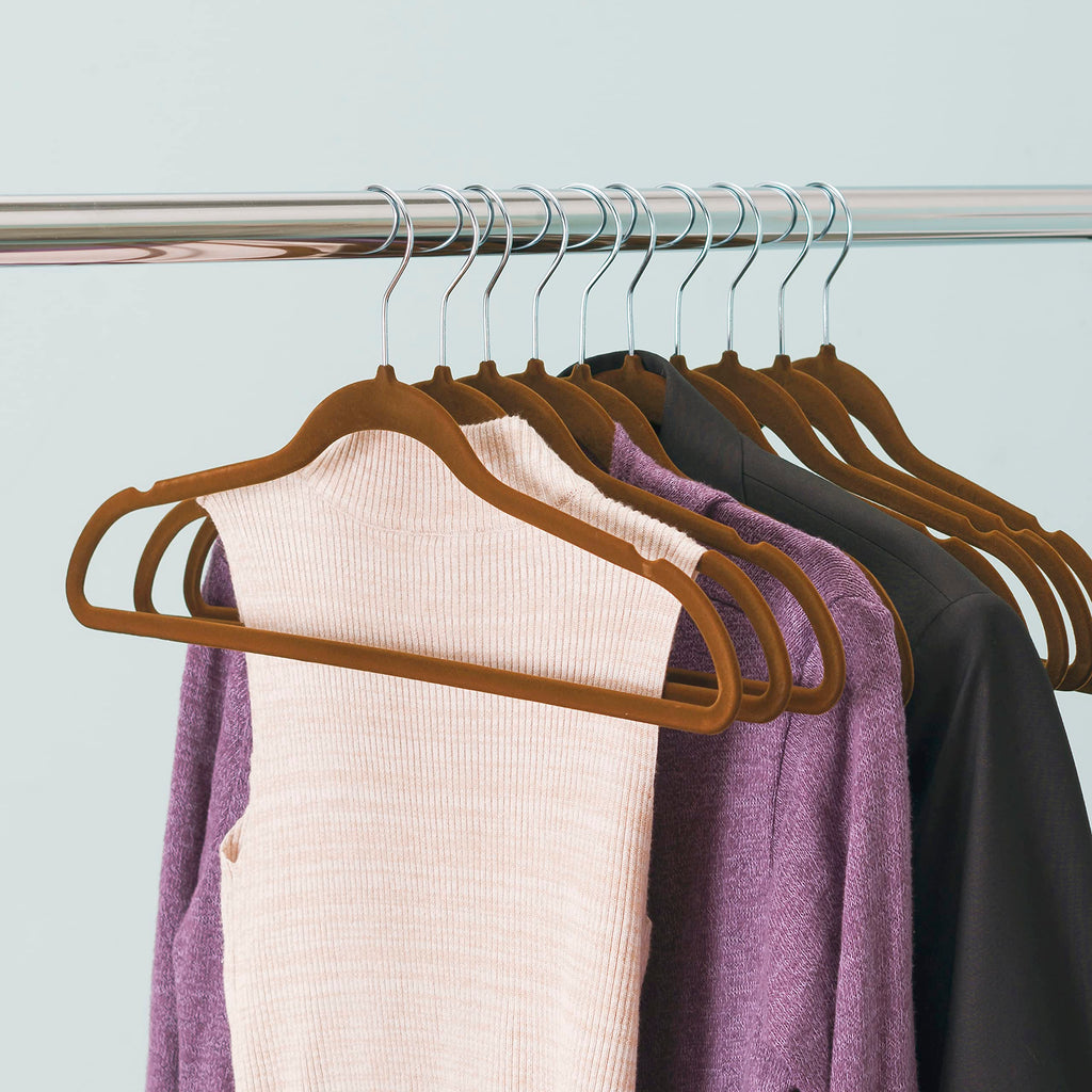 Velvet Clothes Hangers (Pack of 10), Brown, by | Felt Hangers for Tops, Jackets, Dresses, and Pants | Contoured