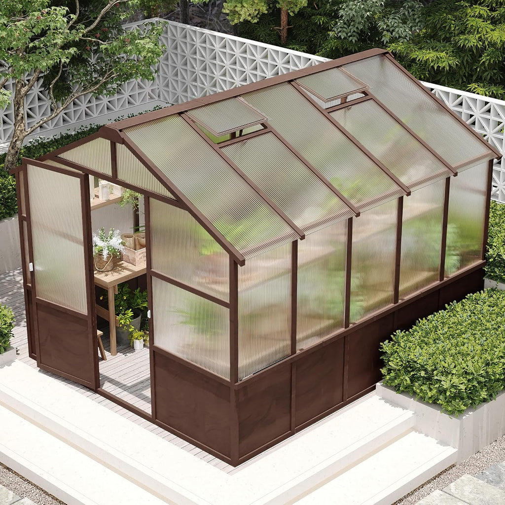 8x10 FT Outdoor Wooden Walk-in Greenhouse, Heavy Duty Pine Wood Green House with 6MM Thick Polycarbonate Panels
