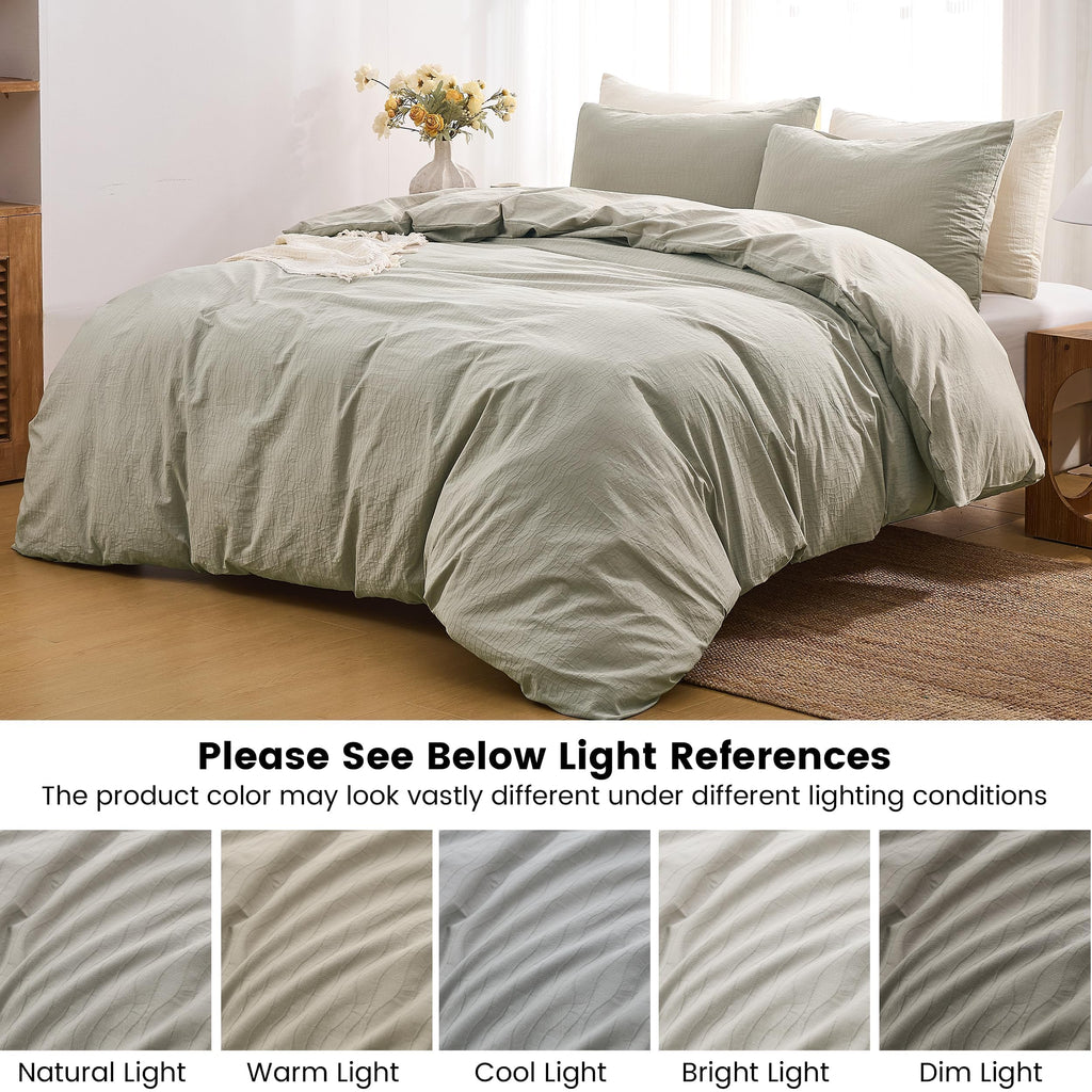 100% Washed Cotton Wave Jacquard Ripple Duvet Cover 3-Pieces Set, Solid, Boho Style, Comfortable