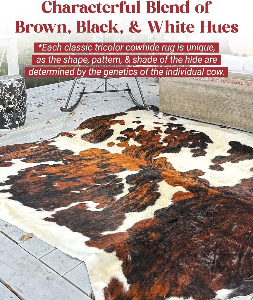 Tricolor Cowhide Rug Classic Brown, Black and White Color Mix, Natural Leather Hide, Area Rug (5x7 ft) | Classic