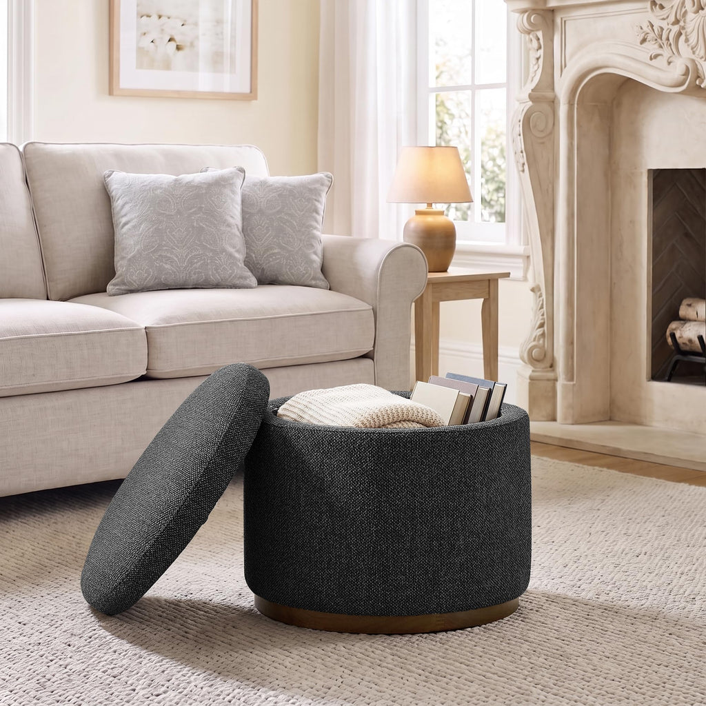 Round Storage Ottoman, 20" Boucle Ottoman Foot Rest Stool(Dark Grey)