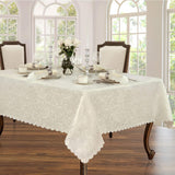 Portofino Scalloped Damask Fabric Tablecloth, 52 x 70 Inch Rectangle, Ivory, Wrinkle and Stain Resis