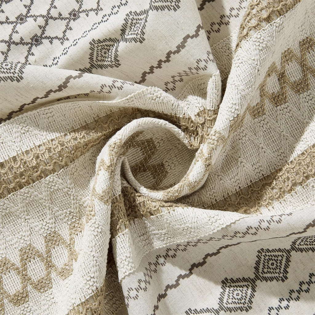 Modern Farmhouse Shower Curtain, Water Resistant Privacy Natural Linen Textured Fabric, Boho Vintage Tribal Geometry