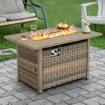 43" Propane Gas Fire Pit Rattan Outdoor Fire Pit Table, Smokeless Gas Fire Pit with Lid and Glass Beads, All-Metal
